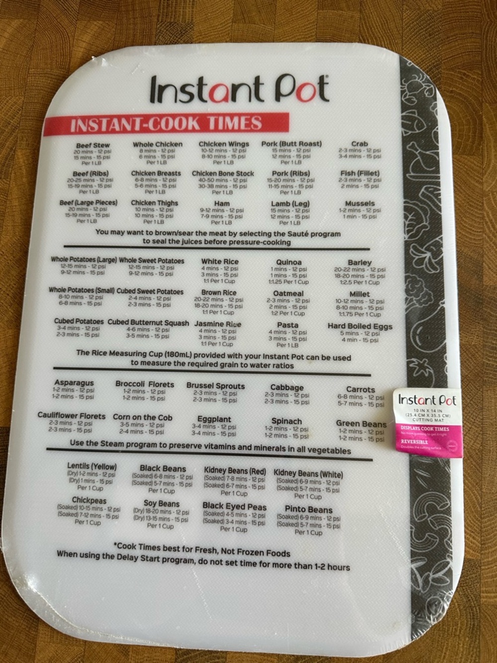 Instant Pot Cooking times reference chopping mat. Sealed. 10x14 inches.